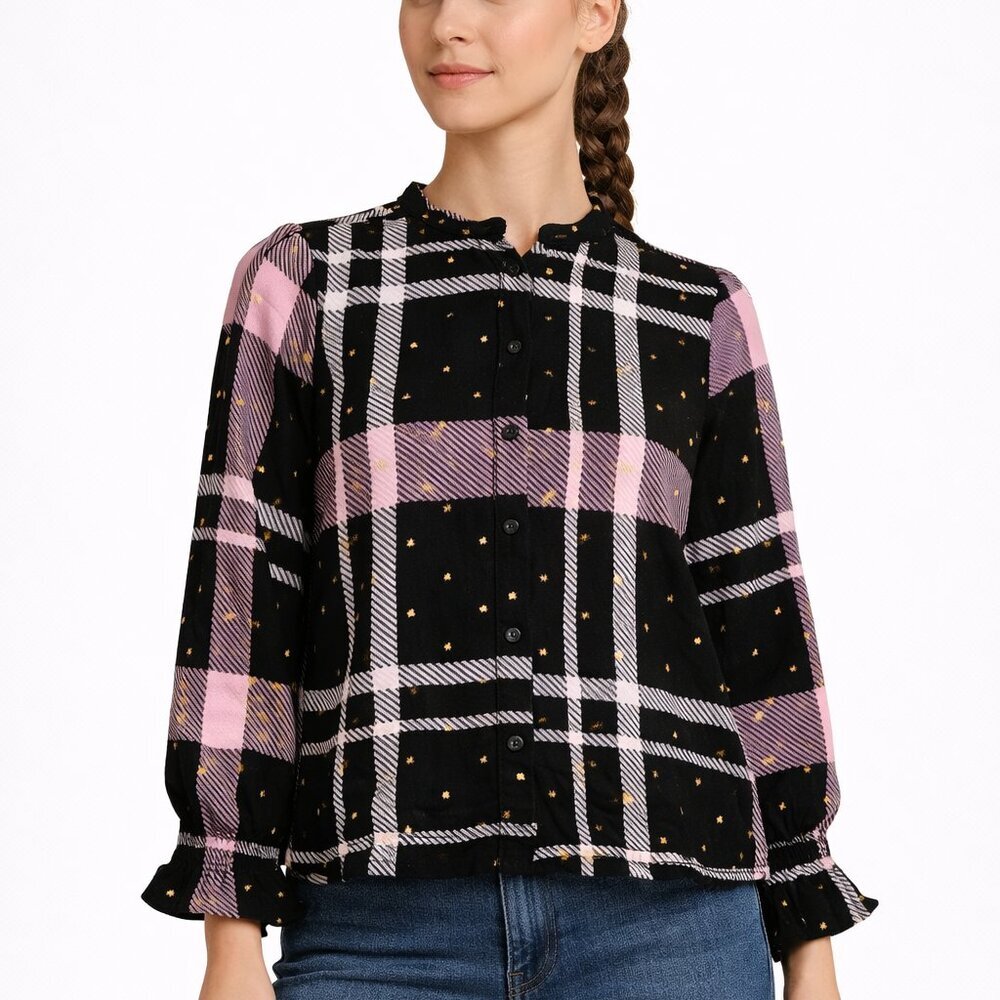 Harve Benard Women’s Plaid Button Down Blouse Black Pink Size XL